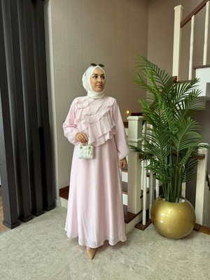 Esra Butik Şık Tasarım Pudra Pembe Volan Detaylı Uzun Elbise