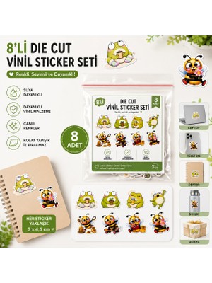 Tişört Kodu 8’li Sevimli Kurbağa & Arı Die Cut Vinil Sticker Seti