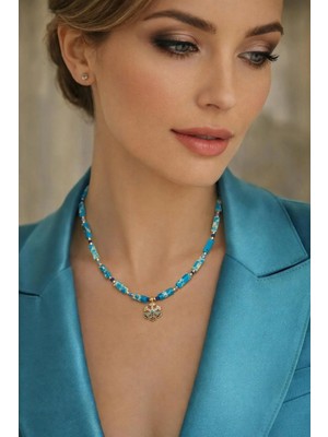 Mavi Varisit ve Hematit Doğaltaş Zirkon Taşlı Gold Kartanesi Uçlu Tasarım Kolye