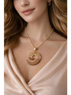 Ahşap Etkili Reçine Natural Girdap Kolye Gold Zincir Tasarım Kolye