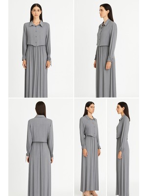 Tomris Butik Viskon Keten Karışımlı Gömlek Yaka Uzun Yelekli Takım