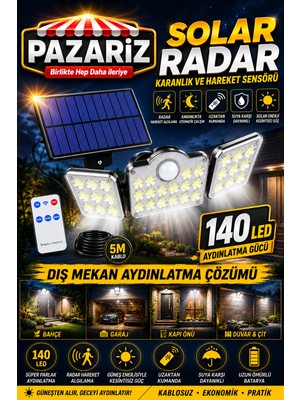 Pazariz 140 LED Güneş Enerjili LED Aydınlatma Solar Lamba Kumandalı 5 Metre Kablolu Bahçe Lambası 3 Modlu Kaliteli Sensörlü Solar Sokak Lambası 3 Başlı Hareket Sensörlü Dış Mekan Güvenlik Lambası