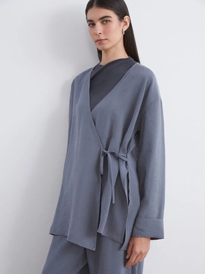LC Waikiki Lcw Modest Gri Kruvaze Yaka Kadın Kimono