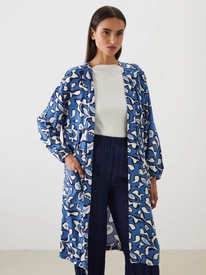 LC Waikiki Lcw Modest Mavi Şal Yaka Desenli Oversize Kadın Kimono