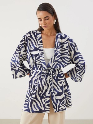 LC Waikiki Lcwaıkıkı Classic Mavi Şal Yaka Desenli Oversize Kadın Kimono