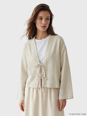 LC Waikiki Lcw Modest Bej Şal Yaka Oversize Kadın Kimono