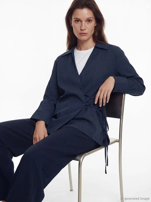 LC Waikiki Lcw Modest Lacivert Kruvaze Yaka Modal Karışımlı Kadın Kimono