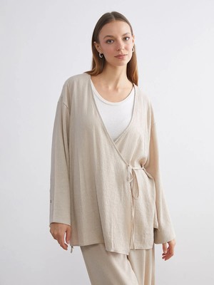 LC Waikiki Lcw Modest Bej Kruvaze Yaka Dokulu Kadın Kimono