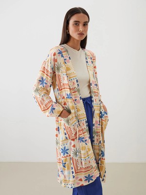 LC Waikiki Lcw Modest Turuncu Şal Yaka Desenli Oversize Kadın Kimono