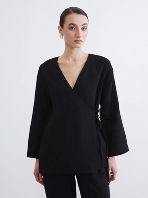 LC Waikiki Lcw Modest Siyah Kruvaze Yaka Kadın Müslin Kimono