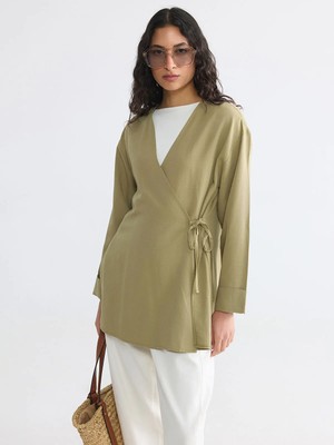LC Waikiki Lcw Modest Yeşil Kruvaze Yaka Keten Karışımlı Kadın Kimono