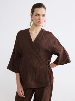 LC Waikiki Lcw Vision Kahverengi Kruvaze Yaka Dokulu Kadın Kimono