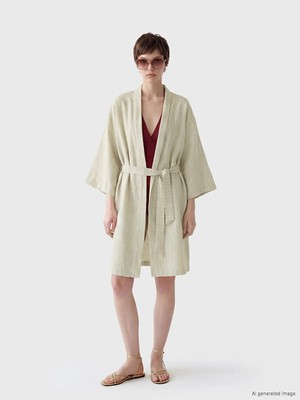 LC Waikiki Soulife Bej Şal Yaka Keten Görünümlü Kadın Kimono