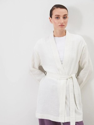 LC Waikiki Lcw Modest Ekru Şal Yaka Çizgili Müslin Kadın Kimono