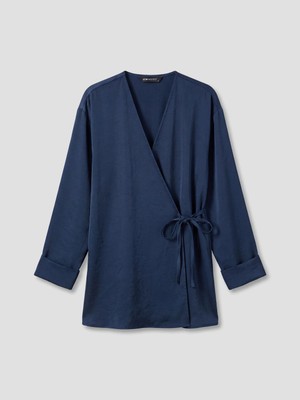 LC Waikiki Lcw Modest Lacivert Kruvaze Yaka Dokulu Modal Karışımlı Kadın Kimono