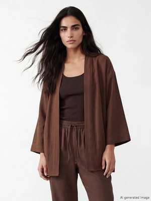 LC Waikiki Lc Waıkıkı Kahverengi Şal Yaka Oversize Kadın Kimono