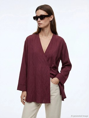 LC Waikiki Lcw Modest Bordo Kruvaze Yaka Dokulu Modal Karışımlı Kadın Kimono