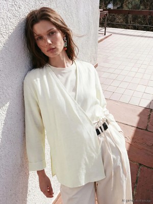 LC Waikiki Lcw Modest Bej Kruvaze Yaka Keten Karışımlı Kadın Kimono