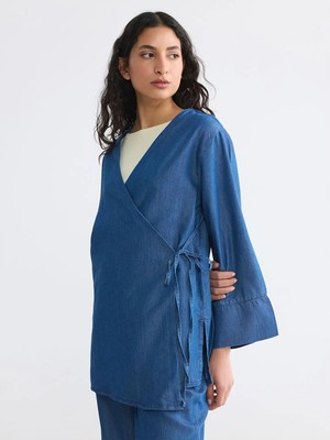 LC Waikiki Lcw Modest Indigo Kruvaze Yaka Kadın Jean Kimono