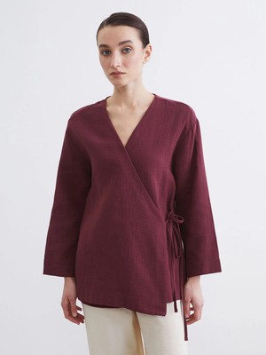 LC Waikiki Lcw Modest Bordo Kruvaze Yaka Kadın Müslin Kimono