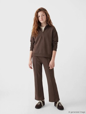 LC Waikiki Lcw Kids Kahverengi Dik Yaka Kız Çocuk Soft Touch Sweatshirt ve Tayt