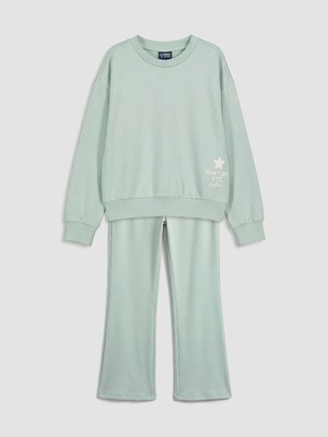 LC Waikiki Lcw Kids Yeşil New York Baskılı Kız Çocuk Soft Touch Eşofman Takım