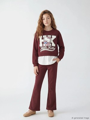 LC Waikiki Lcw Kids Bordo Hello Kitty Baskılı Kız Çocuk Sweatshirt ve Tayt