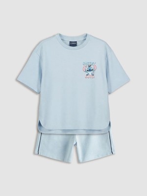 LC Waikiki Lcw Kids Mavi Stitch Baskılı Kız Çocuk Tişört ve Şort