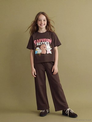 LC Waikiki Lcw Kids Kahverengi Capyfun Baskılı Kız Çocuk Soft Touch Tişört ve Eşofman Altı