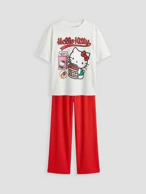 LC Waikiki Lcw Kids Beyaz Hello Kitty Baskılı Kız Çocuk Tişört ve Pantolon
