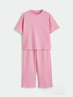 LC Waikiki Lcw Kids Pembe Bisiklet Yaka Kız Çocuk Tişört ve Eşofman Altı