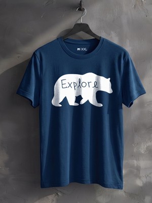 North Whiskers "explore" Beyaz Ayı Baskılı %100 Pamuklu Lacivert Outdoor Tişört