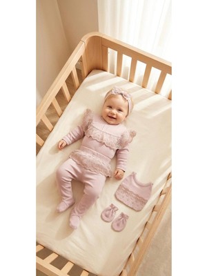 Miniday Baby Kız Bebek Mevlütlük Yenidoğan Hastane Çıkışı Dantelli 5'li Set %100 Pamuklu ZK5014