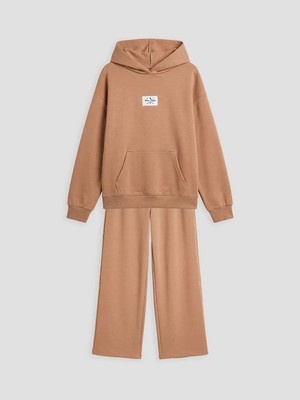 LC Waikiki Lcw Kids Kahverengi Kapüşonlu Kız Çocuk Soft Touch Sweatshirt ve Eşofman Altı