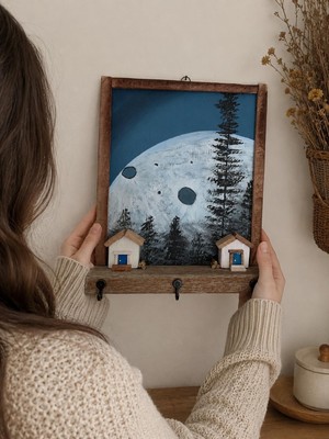 Anı Atölyesi Rustik Ay Temalı Kancalı Duvar Anahtarlık Askısı/el Boyaması Akrilik TABLO/25X20 cm