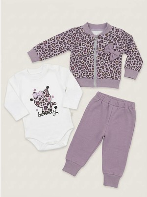 Lika&Nika Kız Bebek 3'lü Takım: Leopar Desenli Fermuarlı Ceket & Body & Eşofman Altı