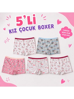 Orivra 5'li Kız Çocuk Şort Boxer seti  Pamuklu Esnek Desenli İç Çamaşırı Paketi