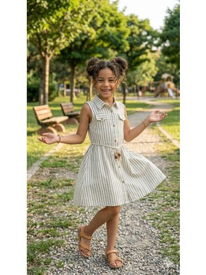 Tuma Collection Kız Çocuk Yazlık Çizgili Elbise %100 Pamuklu Kolsuz Kuşaklı Günlük Şık Kombin 5-6-7-8 Yaş