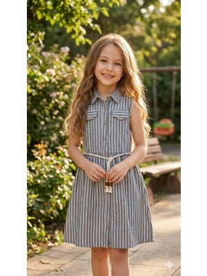 Tuma Collection Kız Çocuk Yazlık Çizgili Elbise %100 Pamuklu Kolsuz Kuşaklı Günlük Şık Kombin 5-6-7-8 Yaş