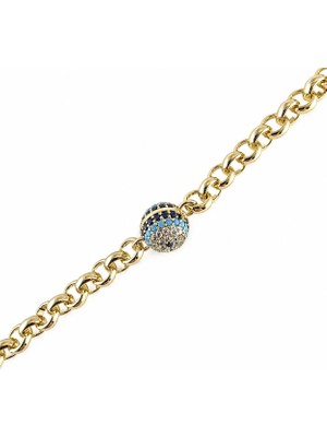 Zeino Nazar Boncuğu Zirkon Taşlı Ayarlanabilir Oval Zincir Bileklik - 14K Altın Kaplama - 19 cm