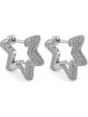 Zeino Pave Yıldız Zirkon Taşlı Küpe - Beyaz Altın Kaplama - 20 mm
