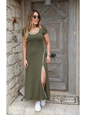 Efnaz Style Kadın Kısa Kollu Yuvarlak Yaka Beyaz Yırtmaç Detaylı Viskon Tam Boy Elbise