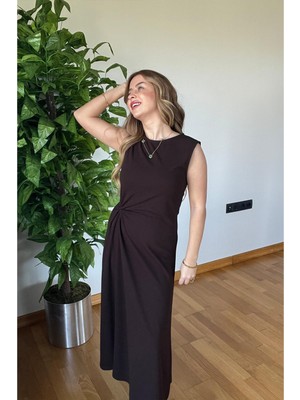 Kadın Bisiklet Yaka Kolsuz Büküm Düğüm Detaylı Slim Fit Midi Krep Elbise Günlük Şık Yazlık Esnek Kumaş Bel Vurgulu Ofis Casual Diz Altı Uzun Elbise Picco Boutique