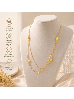 Bitangosu Gold Zirkon Taşlı Kelebek Detaylı Çift Katlı Kadın Kolye