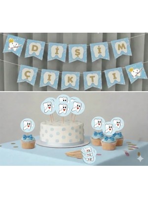Dişim Çıktı Yazılı Banner-Diş Buğdayı SETI-20LI Ilk Diş Kürdan(Cupcake Süsü)