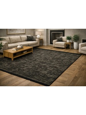Okan Halıcılık Okan Halı Dark Grey Şönil Kilim Kaymaz Tabanlı Salon Yatak Odası Için Modern Halı