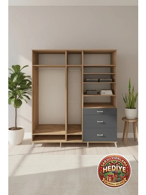 Aura Dolap: 9 Raflı, 3 Çekmeceli, 3 Askılı - 220X59X243 Çam/antrasit