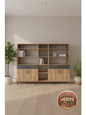 Luna Dolap 12 Raflı 2 Çekmeceli 4 Kapaklı Çam/antrasit 220X44X163