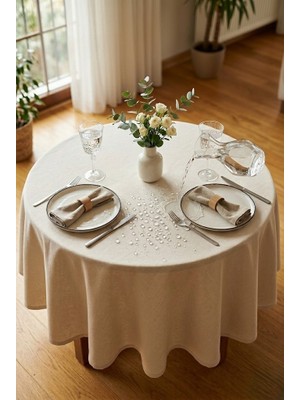 Rona Home Leke Tutmaz Yuvarlak Masa Örtüsü Ekru Modern Sıvı Itici Su Geçirmez Dekoratif Salon Örtüsü
