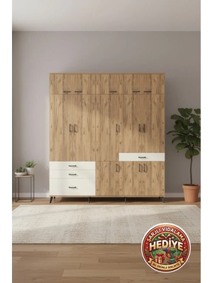 Aura 8 Raflı 4 Çekmeceli 3 Askılı Geniş Dolap 220X59X243 Çam/aytaşı